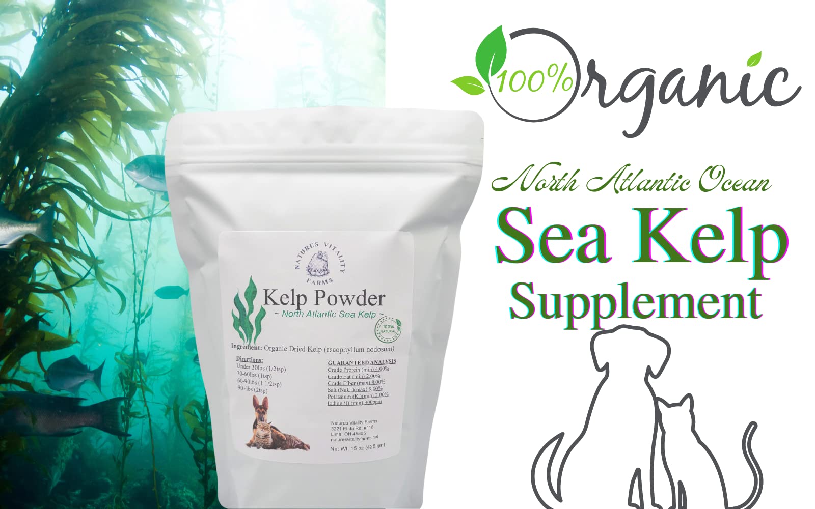 Kelp Powder for Dogs/Cats, Natural North Atlantic Ocean Sea Kelp, Vitamins Minerals and Antioxidants for Ultimate Health (15 Ounce)