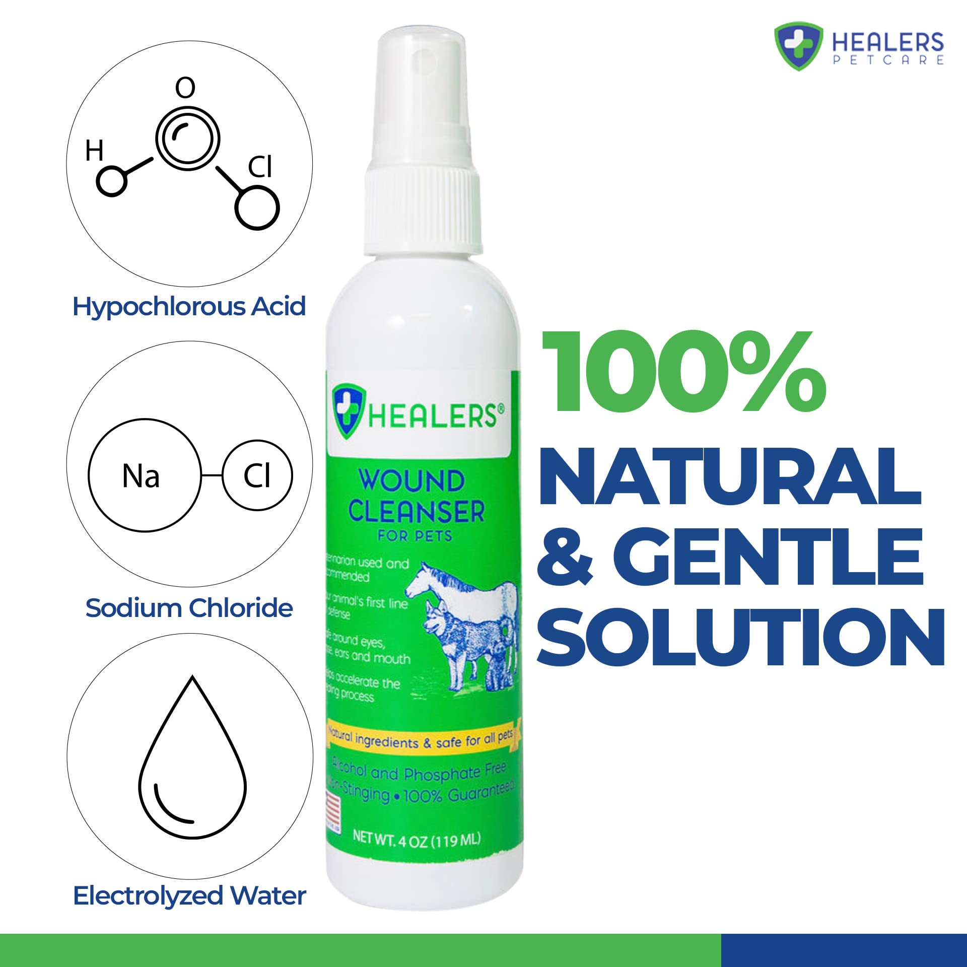 Healers PetCare Wound Cleanser - All Animal Wound and Skin Care Spray - Clean, Flush and Moisturize - Natural & Non-Toxic Pain Relief Cleaner for Dogs, Cats, & More Pets (4oz)