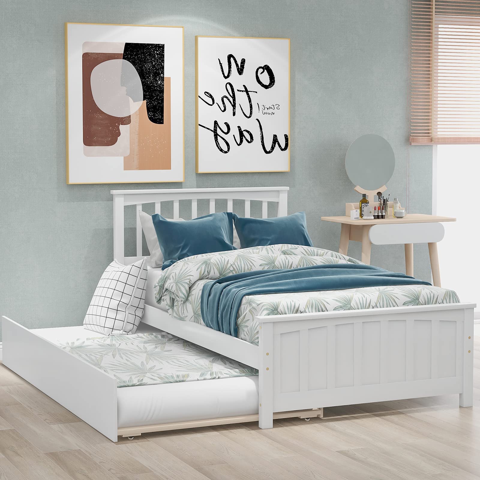 LostCat Twin Size Bed Frame with Trundle and Headboard,Wood Slats Support,Solid Pinewood Bedframe, No Box Spring Needed,for Boys/Girls/Adult Bedroom,White