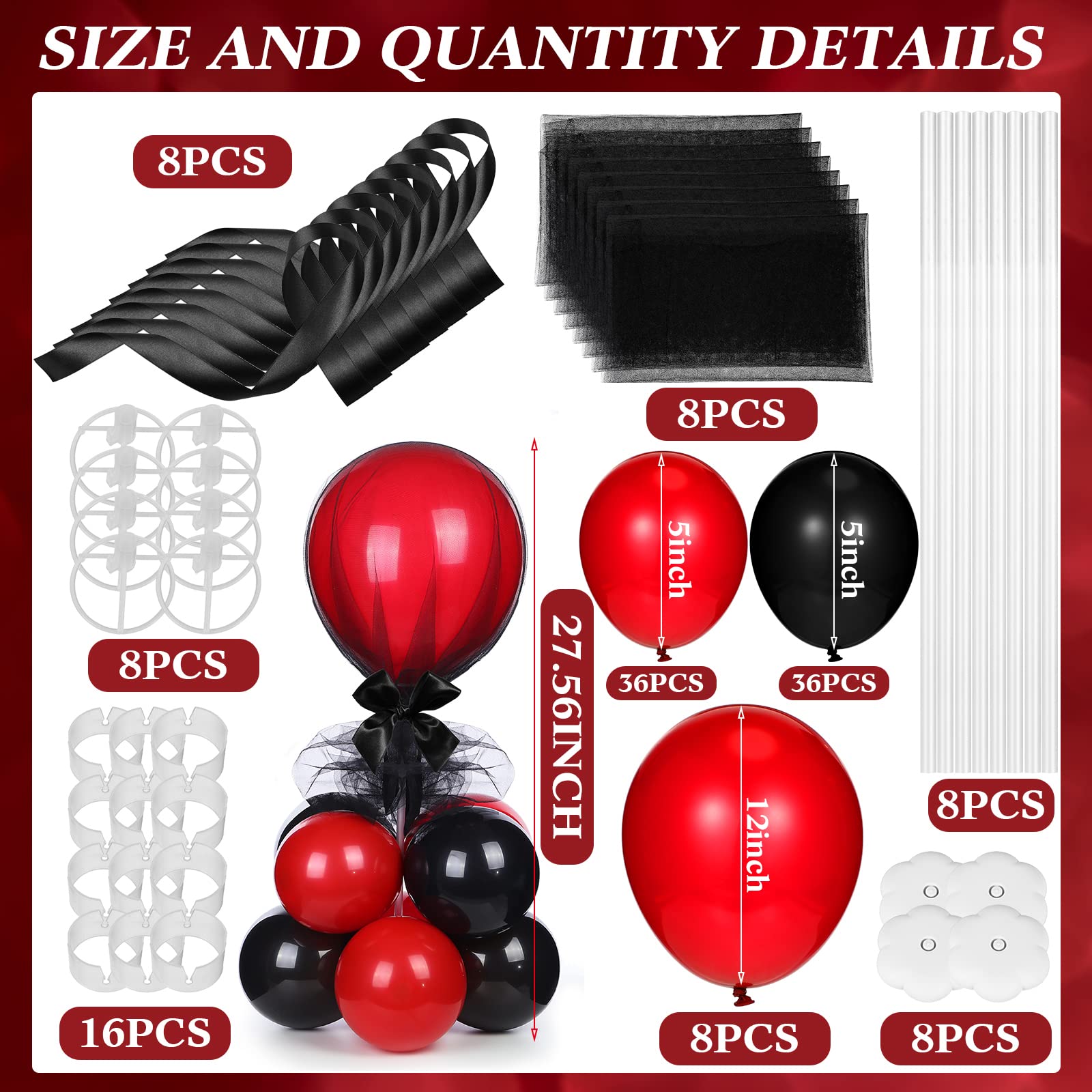 BBTO 8 Set, Black & Gold Balloon Centerpieces Kit with 128 Pcs Latex Balloons, Reusable Balloon Sticks, Tulle & Ribbons for Party Decoration