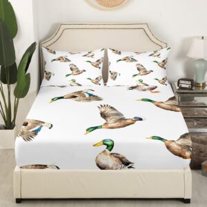 Mallard Duck Bed Sheet Set Hunting and Fishing Fitted Sheet Wild Animal Bedding Set for Boys Girls Kids Wildlife White Bed Cover Full Size with 2 Pillow Case