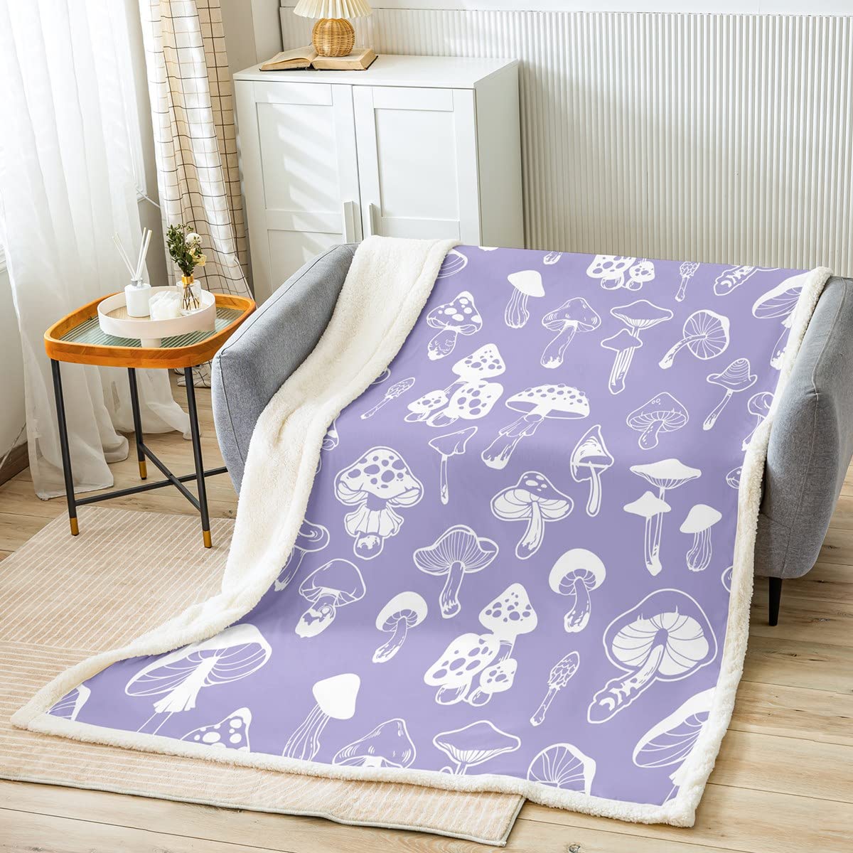 Purple Mushroom Bed Blanket Kids Girls Cute Mushroom Sherpa Blanket Soft Cozy Lightweight Purple and White Plush Fleece Cute Cartoon Plants Blanket Gifts for Bed Chair Office Sofa(Throw 50"x60")