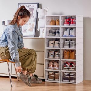 GUDEMAY Drop Front Shoe Storage Box, No Assembly Stackable Shoe Organizer Storage Bin with Clear Door, Free Standing Shoe Shelf Cabinet with Lid, Plastic Shoe Rack for Closet Entryway, 6-Tier