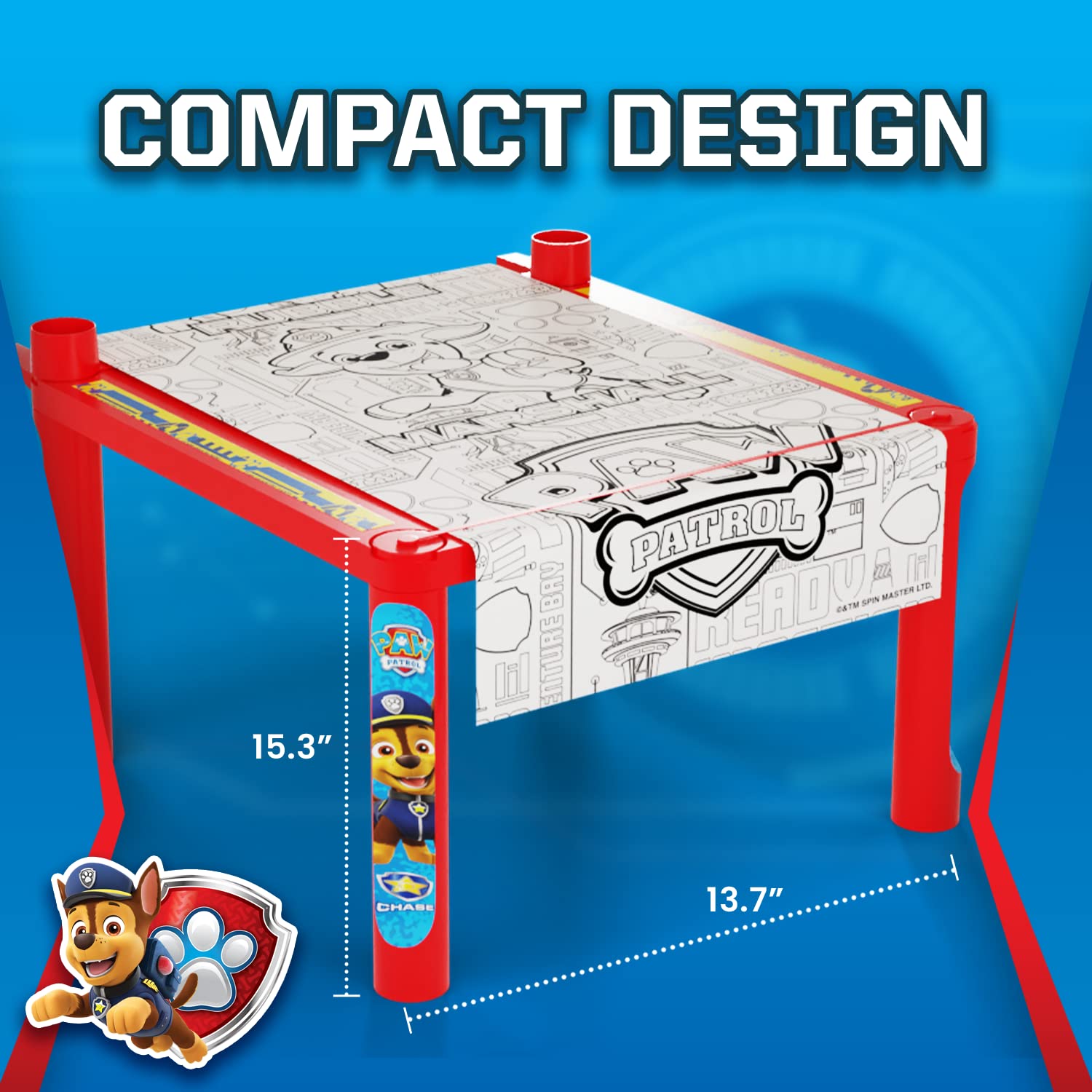 Paw Patrol Activity Coloring Table with Art Paper Roll, Plastic Desk Holder, Crayons & Stickers - Color & Craft Art Table - Red Activity Floor Desk, Ages 3-6