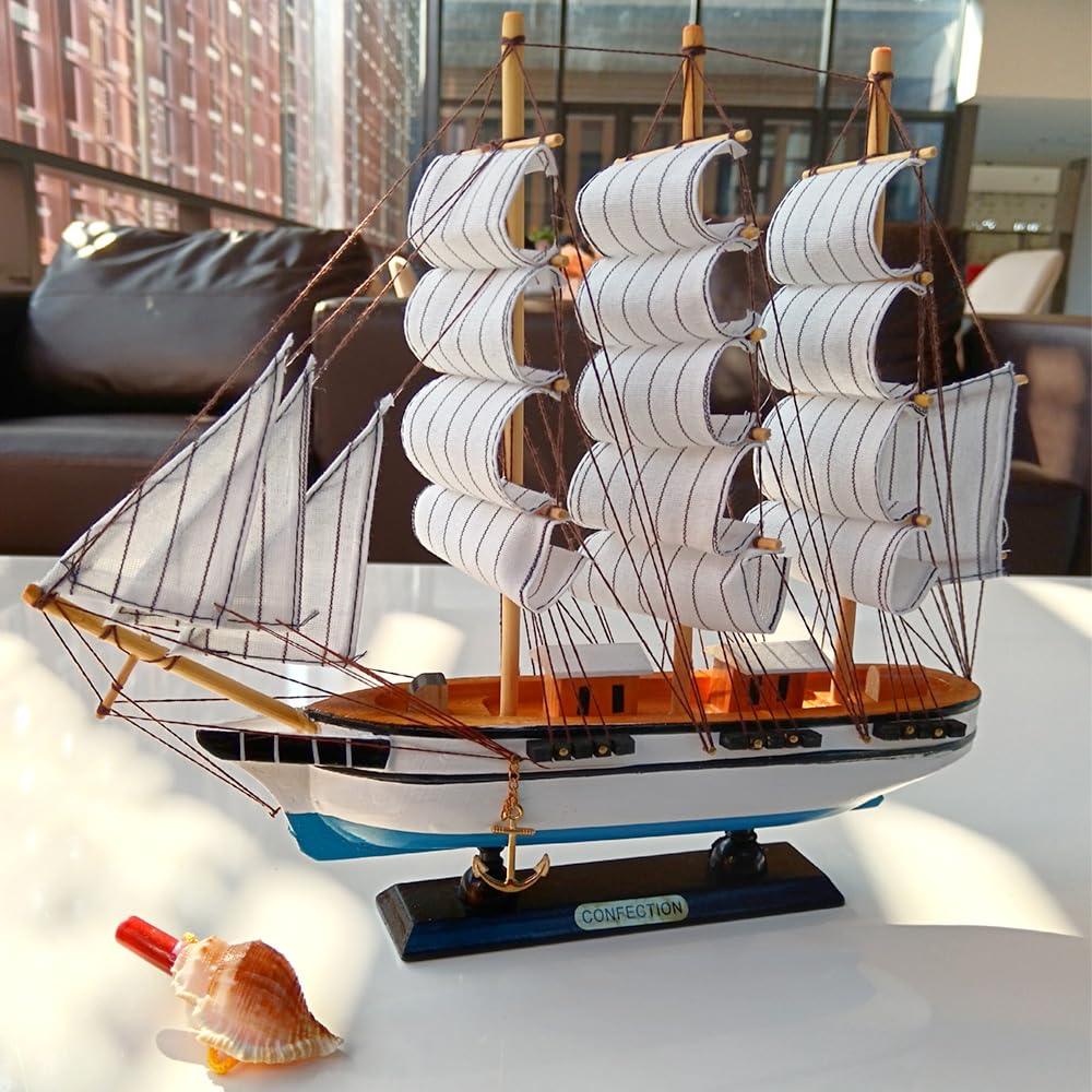 Smooth sailing boat model Mediterranean sailing boat wooden sailing boat furniture decoration room decoration (main white)