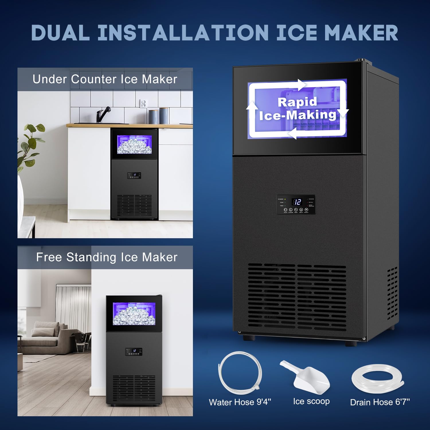 Upgraded Commercial Ice Maker 130LBS/24H with 35LBS Storage Bin, 15" Wide Frosted Black Undercounter/Freestanding Ice Maker Machine for Home Bar Outdoor, 45PCS Ice Cubes Ice Machine, Self Cleaning