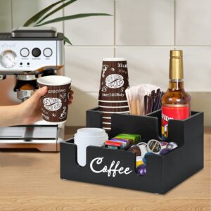 Disposable Coffee Cup Dispenser Lid Holder for Counter, Wood 6 Compartments Coffee Station Organizer for Cup Lid Sleeve Pods Condiment, Paper Cup Dispenser Coffee Bar Accessories Storage Organizer