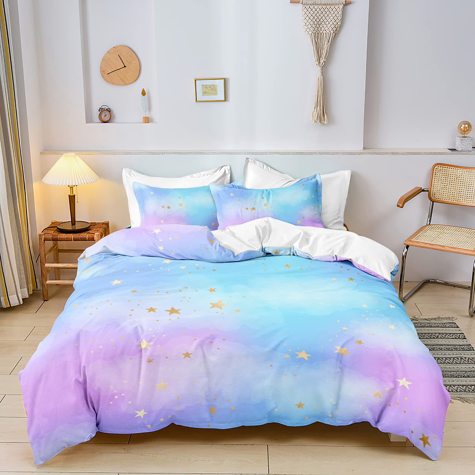 SW SETWIER Star Pattern Duvet Cover Twin Size Rainbow Starry Sky Bedding Set Meteor Print Comforter Cover Bedding Quilt Cover 1 Duvet Cover with 2 Pillowcases for Home Decor