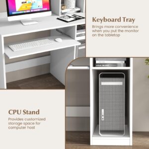 Tangkula White Desk with Hutch &Charging Station, Home Office Desk with Keyboard Tray & CPU Stand, Modern Laptop PC Desk, Space-Saving Writing Study Desk with Bookshelf, Ideal for Dorm Bedroom