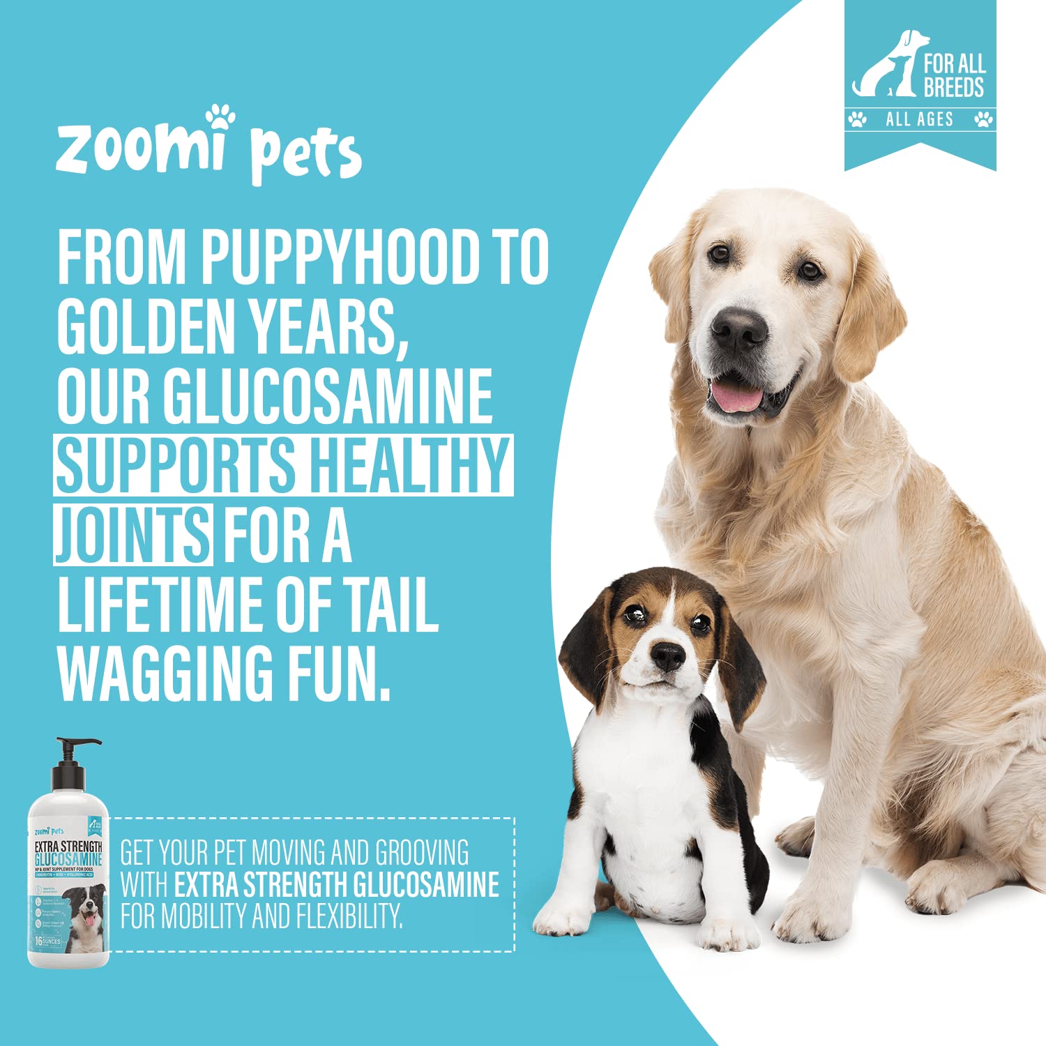 Zoomi Pets Liquid Glucosamine for Dogs (16oz) - Hip and Joint Supplement with Hyaluronic Acid, MSM, Manganese & Glucosamine Chondroitin for Dogs - Dog Joint Supplement Large Breed, Medium & Small Dogs