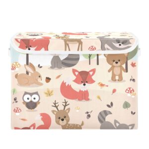 Large Collapsible Fabric Storage Bins with Lids 16.5*12.6*11.8in Cute Woodland Forest Animals Deer Rabbit Bear Fox Raccoon Bird Owl Foldable Storage Boxes Organizer Containers Baskets Cube for Shelves