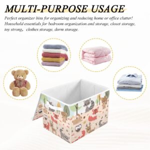 Large Collapsible Fabric Storage Bins with Lids 16.5*12.6*11.8in Cute Woodland Forest Animals Deer Rabbit Bear Fox Raccoon Bird Owl Foldable Storage Boxes Organizer Containers Baskets Cube for Shelves