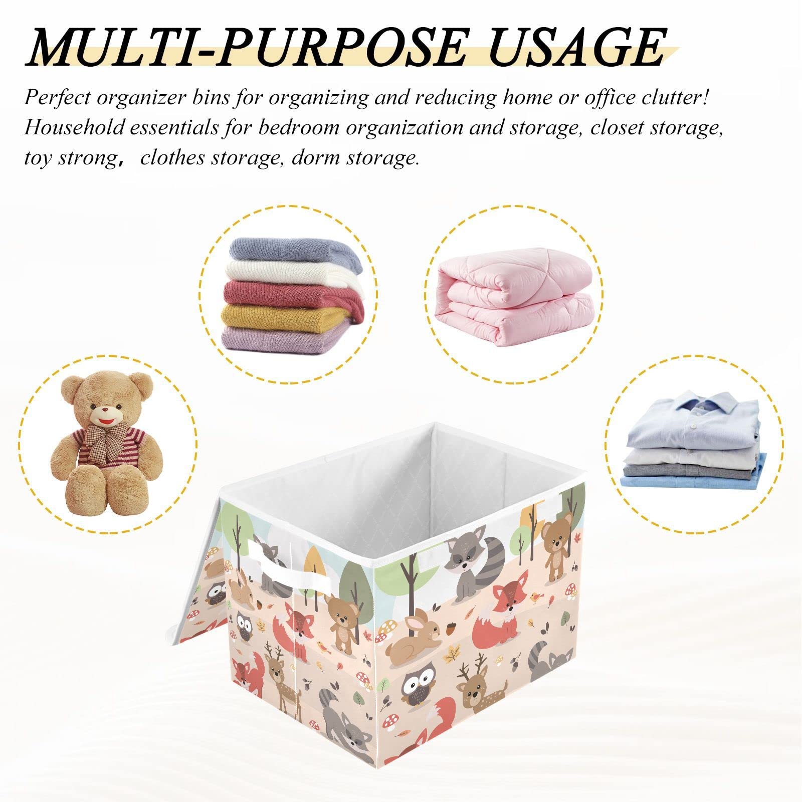 Large Collapsible Fabric Storage Bins with Lids 16.5*12.6*11.8in Cute Woodland Forest Animals Deer Rabbit Bear Fox Raccoon Bird Owl Foldable Storage Boxes Organizer Containers Baskets Cube for Shelves