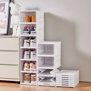 gudemay drop front shoe storage box, no assembly stackable shoe organizer storage bin with clear door, free standing shoe shelf cabinet with lid, plastic shoe rack for closet entryway, 6-tier