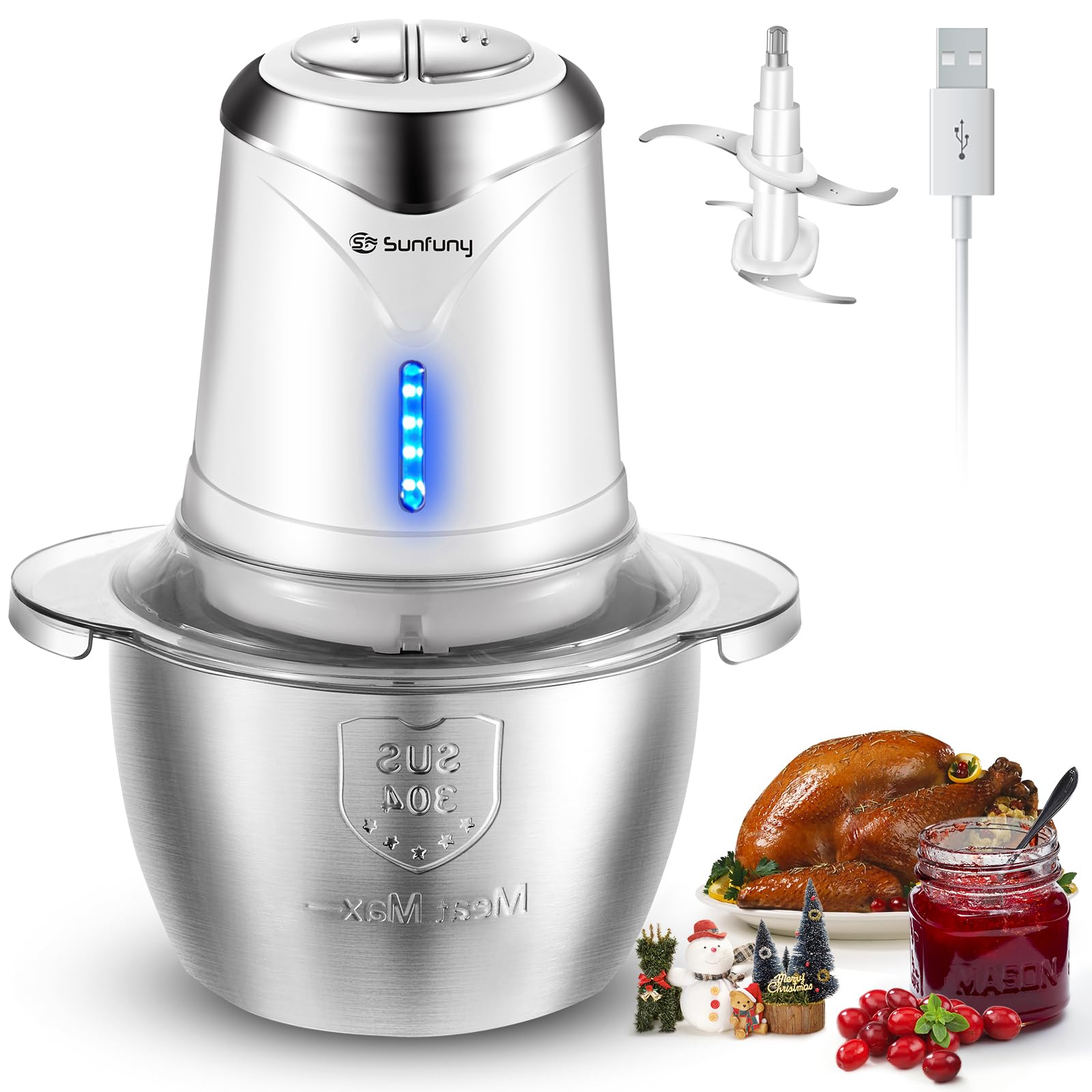 Food Processor Cordless Vegetable Chopper with 5 Cup Stainless Steel Bowl＆6000mAh USB Rechargeable Battery, Electric Garlic Meat Choppers BPA-free Baby Food Processors Blender Mincer, 2 Speeds (White)