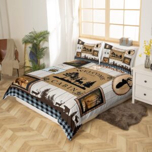 Rustic Bear Moose Duvet Cover Full Size,Countryside Rural Hunting Theme Quilt Cover for Men Women Adults,Retro Farmhouse Wood Plank Comforter Cover,Woodland Animal Cabin Lodge Bedding Set,3Pcs