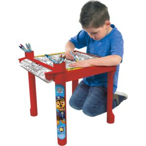 paw patrol activity coloring table with art paper roll, plastic desk holder, crayons & stickers - color & craft art table - red activity floor desk, ages 3-6