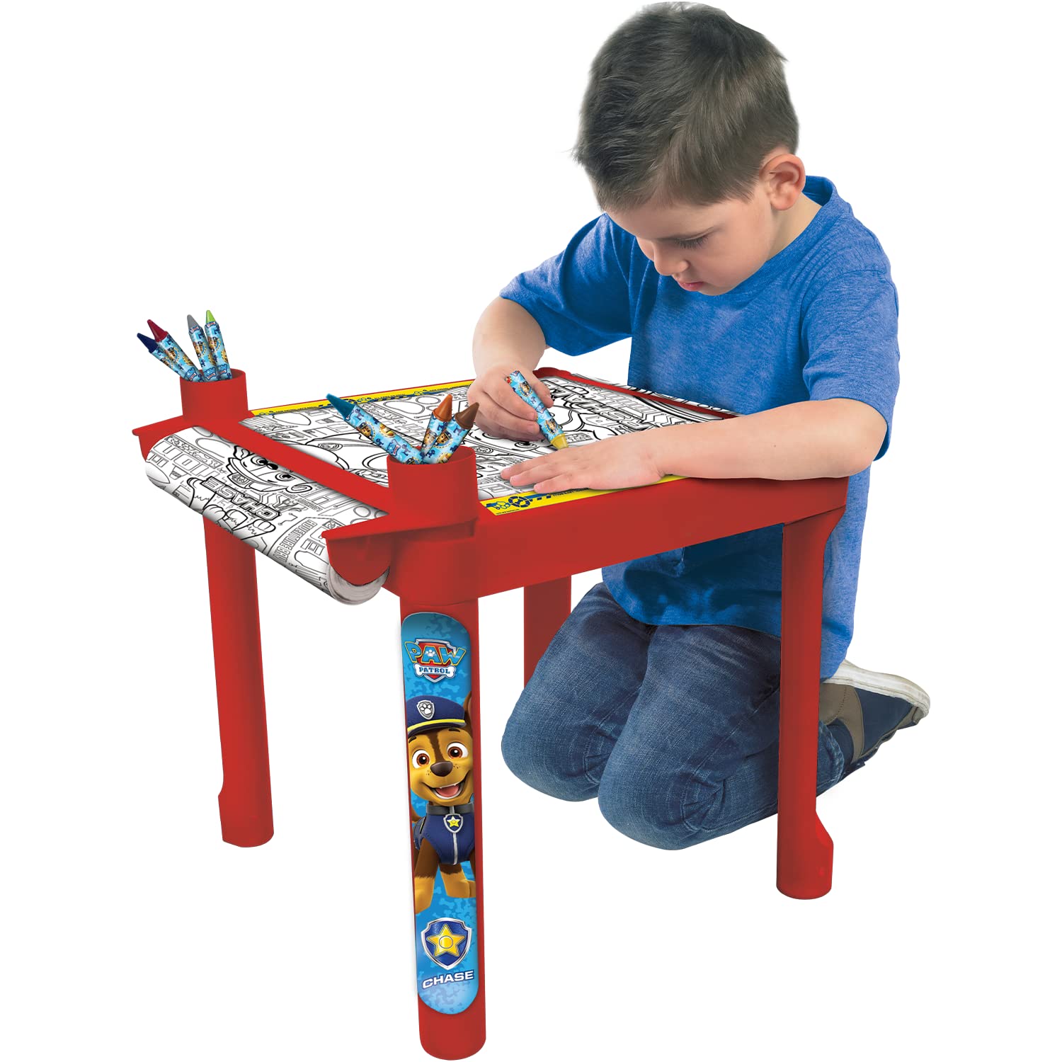 Paw Patrol Activity Coloring Table with Art Paper Roll, Plastic Desk Holder, Crayons & Stickers - Color & Craft Art Table - Red Activity Floor Desk, Ages 3-6