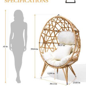 Crestlive Products Patio Wicker Egg Chair with Cushion and Pillow, Oversized Rattan Hanging Basket Lounge Chair with Legs, Teardrop Cuddle for Indoor Outdoor Bedroom Garden Deck Balcony (Beige)