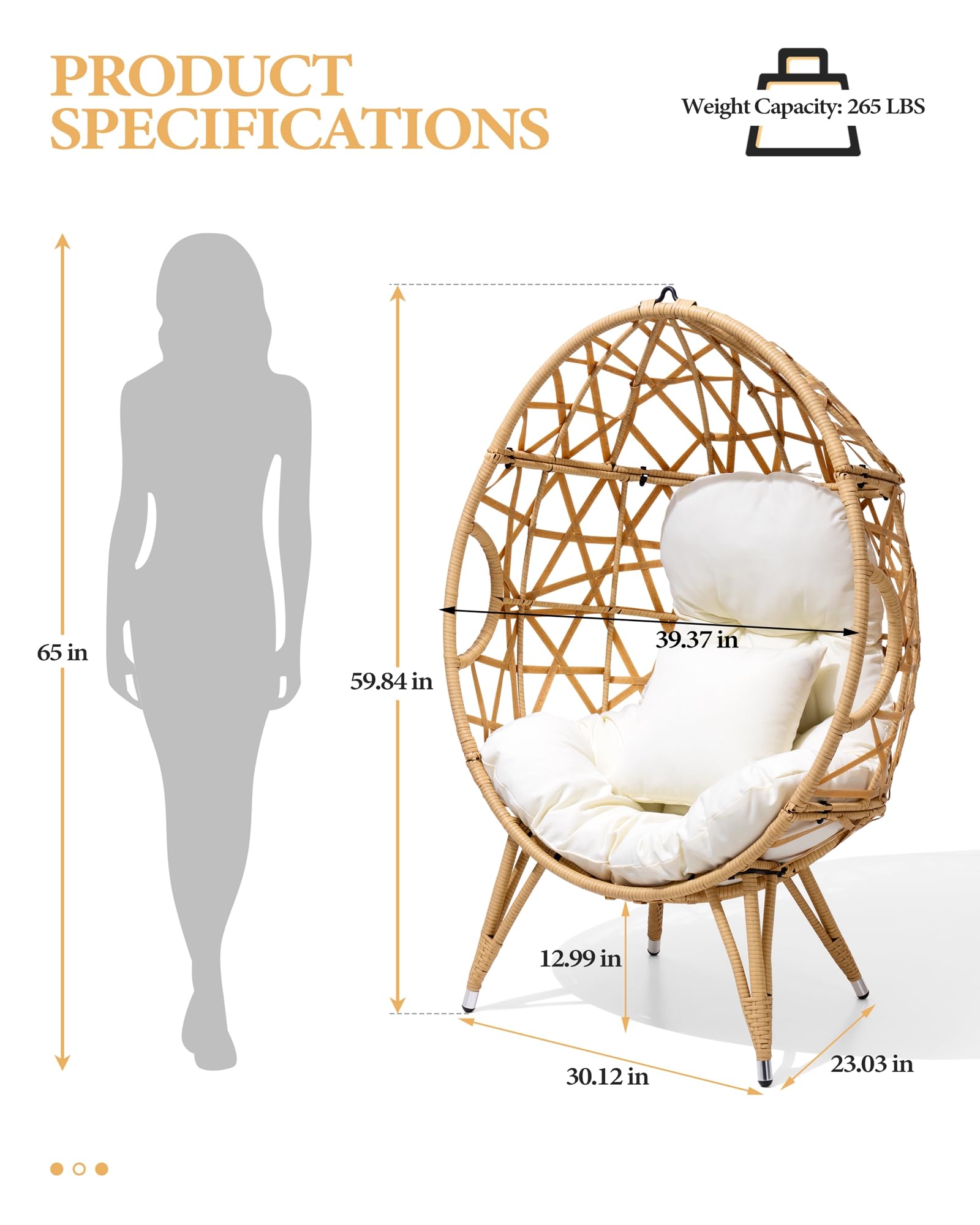 Crestlive Products Patio Wicker Egg Chair with Cushion and Pillow, Oversized Rattan Hanging Basket Lounge Chair with Legs, Teardrop Cuddle for Indoor Outdoor Bedroom Garden Deck Balcony (Beige)