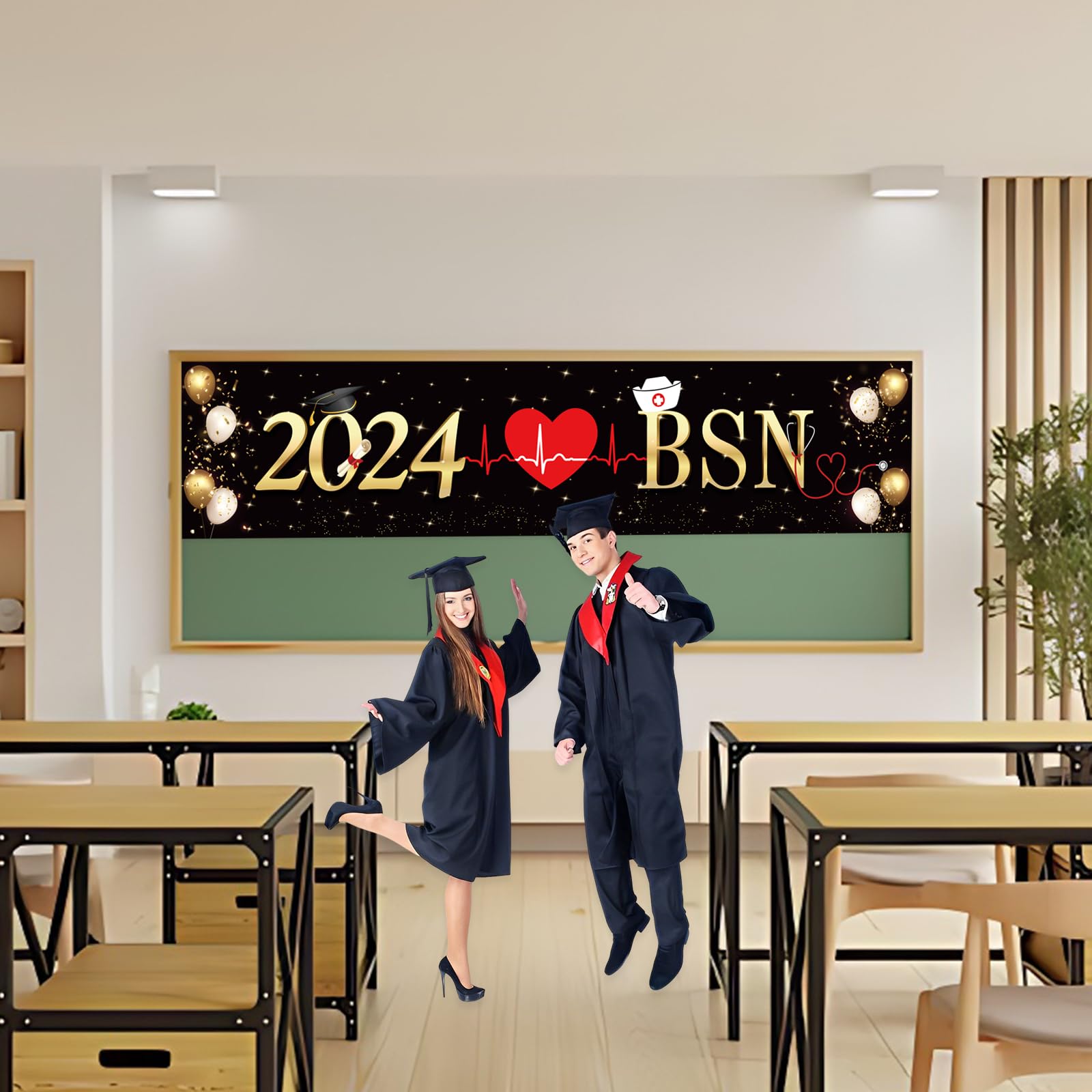 Kimini-Ki Large 2024 BSN Banner - Congrats Nurse Banner, 2024 Nurse Graduation Party Decorations, RN/Medical School Nursing Graduation Party Indoor Outdoor Decorations (Black and Gold)