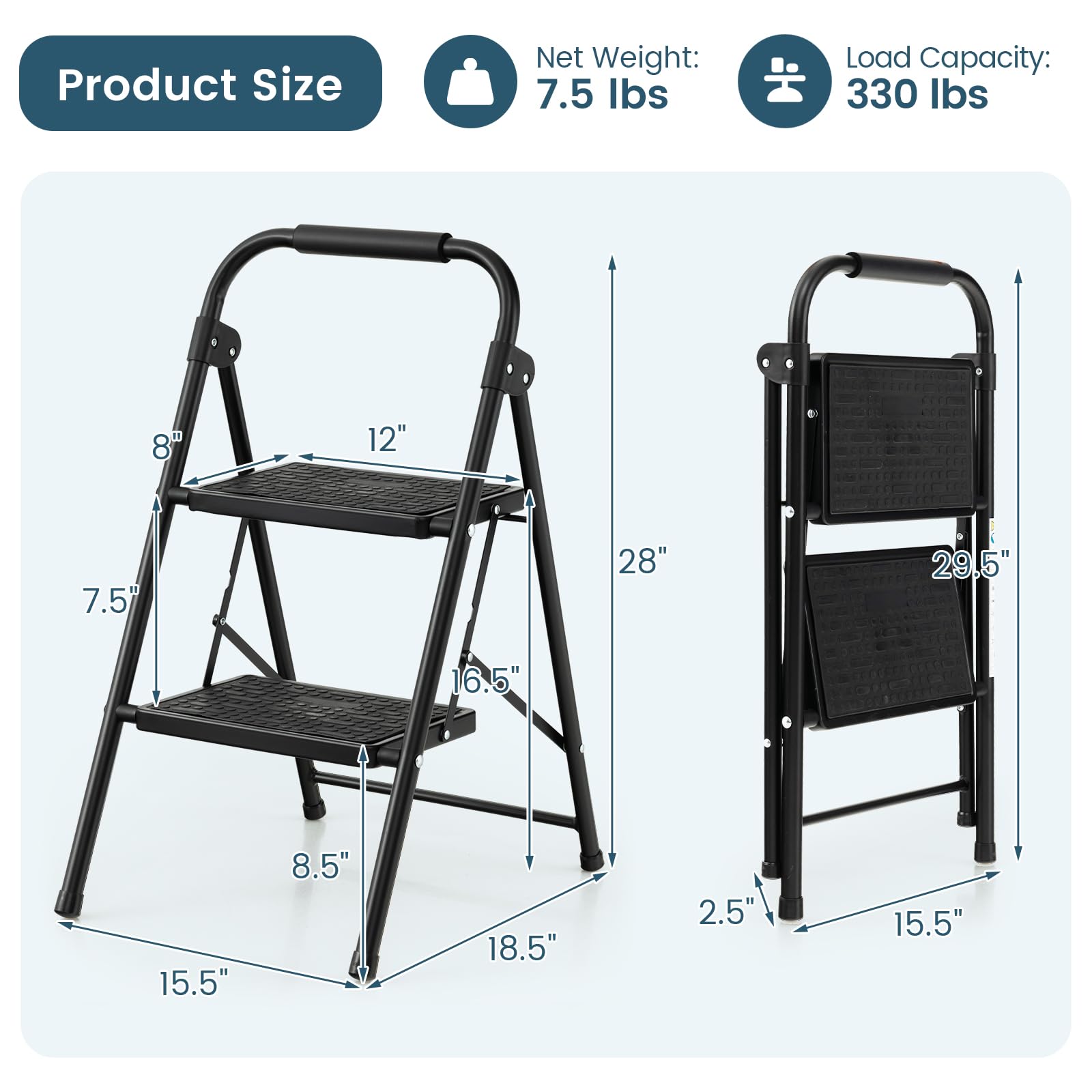 Nightcore 2 Step Ladder, Folding Step Stool w/Padded Handgrip & Wide Anti-Slip Pedal, Lightweight Portable Metal Tool Ladder, 330 LBS Capacity, Multi-Use Sturdy Ladder for Kitchen & Household