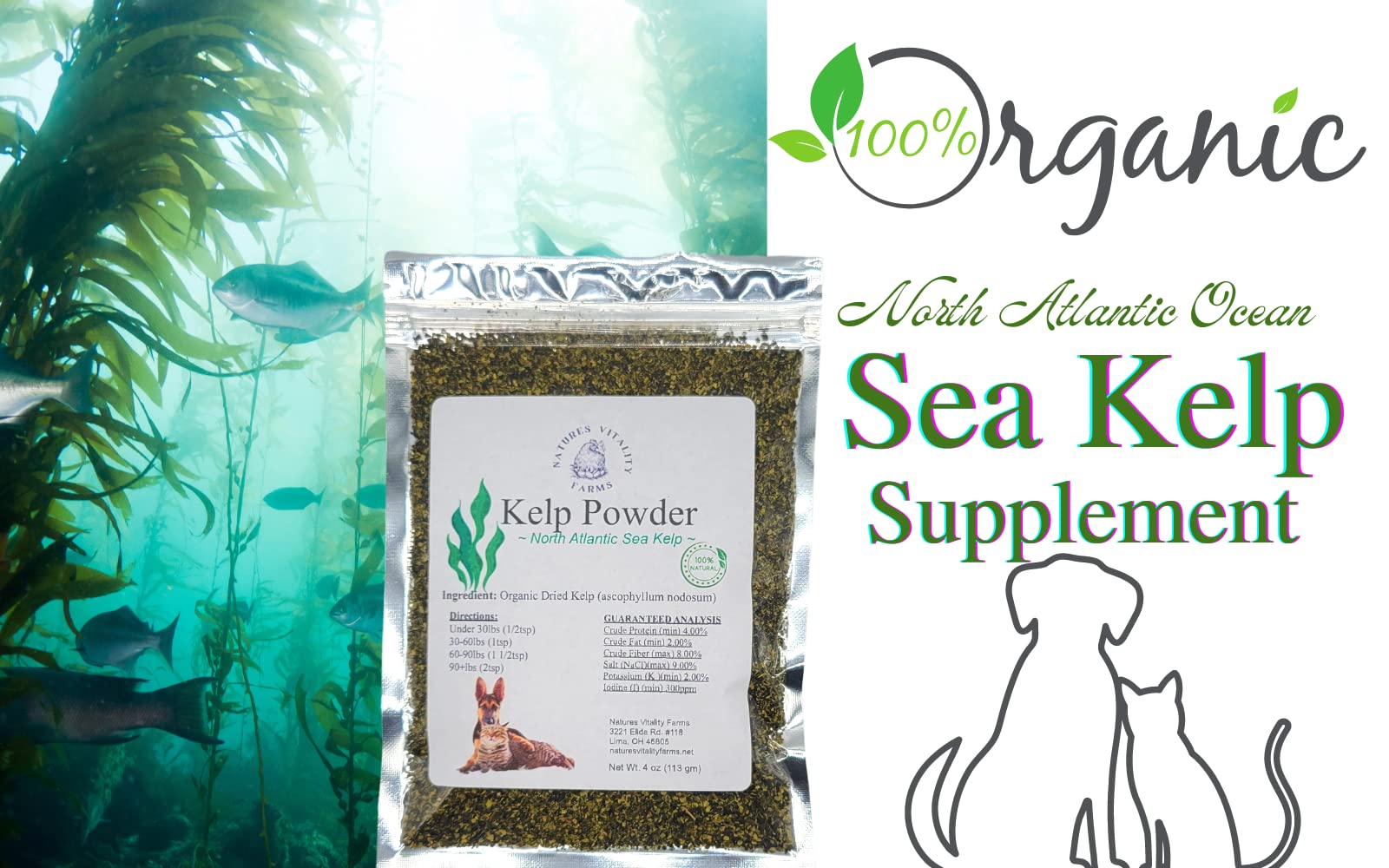 Kelp Powder for Dogs/Cats, Natural North Atlantic Ocean Sea Kelp, Vitamins Minerals and Antioxidants for Ultimate Health (4 Ounce)