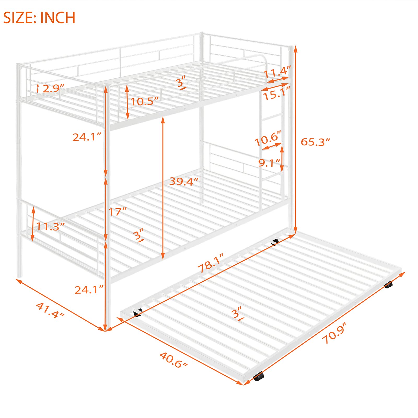 LostCat Twin Over Twin Bunk Bed with Trundle,Heavy Duty Twin Size Bunk Beds Frame with Safety Guardrails and ladders for Kids/Teen/Adults,No Box Spring Needed,White