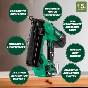 Metabo HPT 18V MultiVolt™ Angled Cordless Finish Nailer Kit, 15 Gauge, 1-1/4" up to 2-1/2" Angled Finish Nails, (1) 18V 2.0Ah Lithium Ion Battery, Charger, Bag, Lifetime Tool Warranty, NT1865DMAST