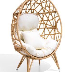 Crestlive Products Patio Wicker Egg Chair with Cushion and Pillow, Oversized Rattan Hanging Basket Lounge Chair with Legs, Teardrop Cuddle for Indoor Outdoor Bedroom Garden Deck Balcony (Beige)