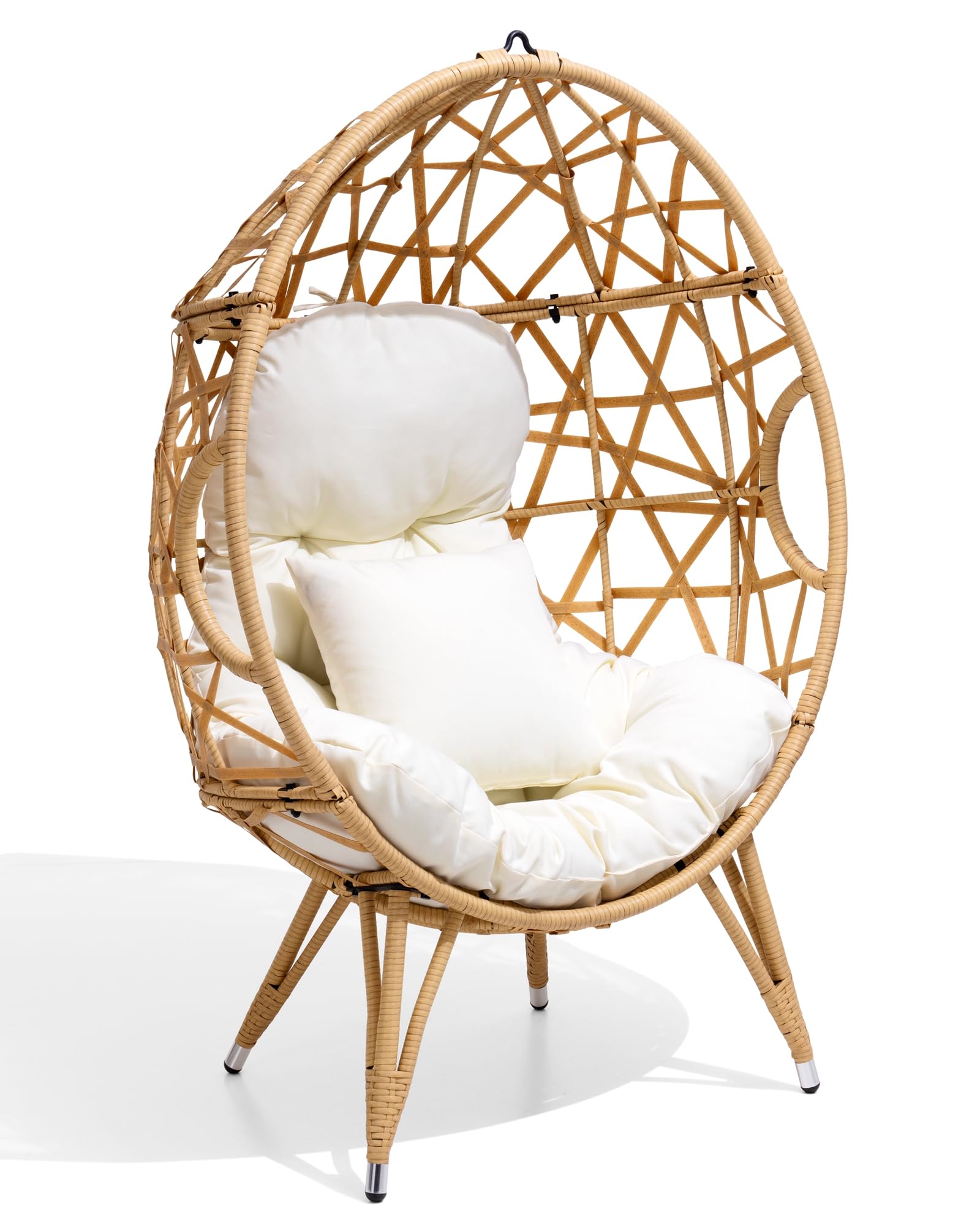 Crestlive Products Patio Wicker Egg Chair with Cushion and Pillow, Oversized Rattan Hanging Basket Lounge Chair with Legs, Teardrop Cuddle for Indoor Outdoor Bedroom Garden Deck Balcony (Beige)