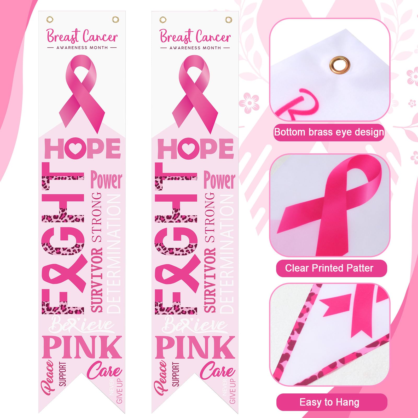 3 Pieces Breast Cancer Awareness Banner Porch Sign Set, Includes Pink Ribbon Pennant Banner, 2 Pieces Breast Cancer Ribbon Banner for Breast Cancer Awareness Party Decoration Supplies