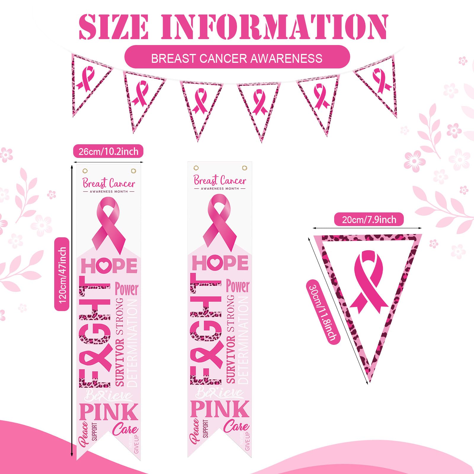 3 Pieces Breast Cancer Awareness Banner Porch Sign Set, Includes Pink Ribbon Pennant Banner, 2 Pieces Breast Cancer Ribbon Banner for Breast Cancer Awareness Party Decoration Supplies