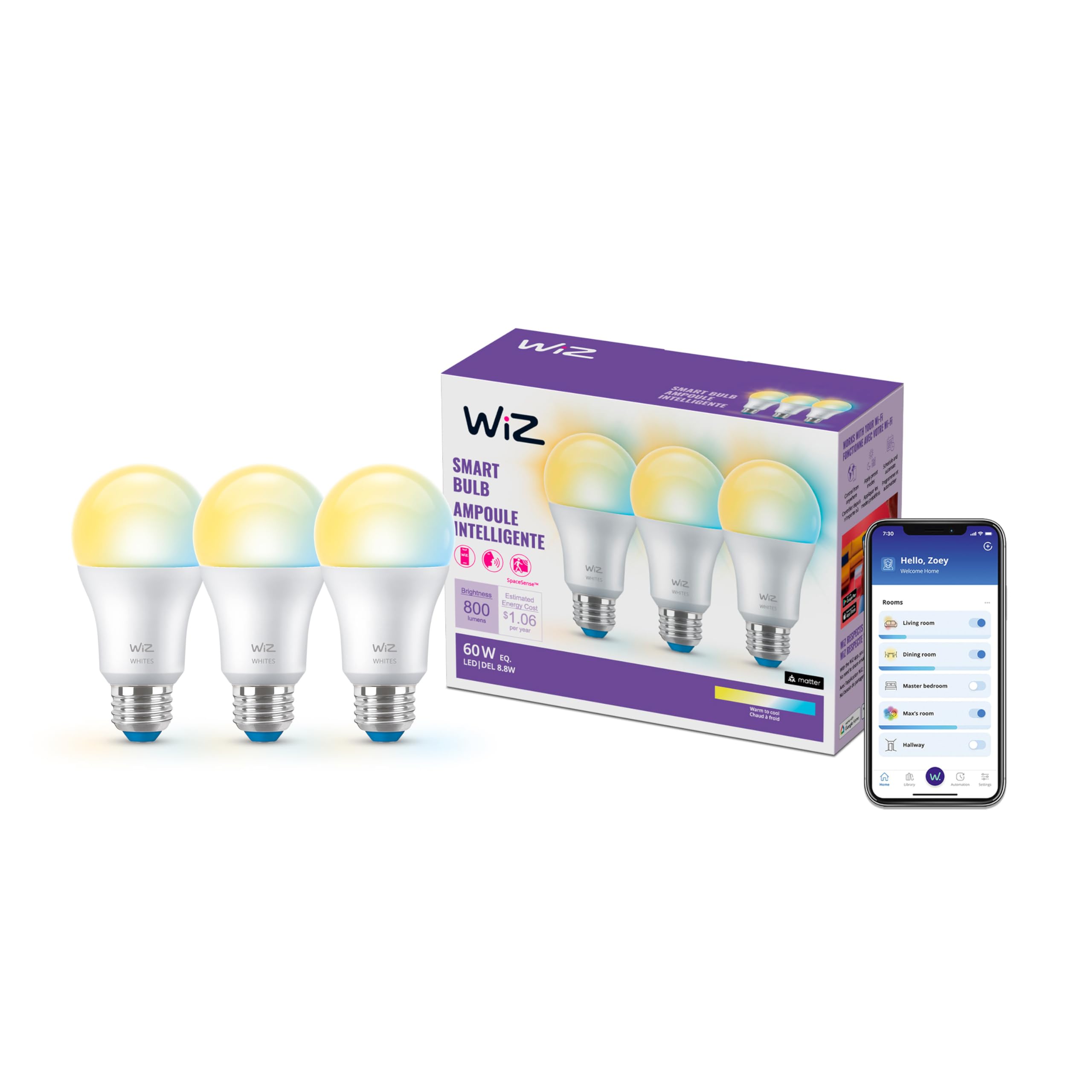 WiZ Connected 60W A19 LED Smart Light Bulbs Tunable White - Connects to Your Wi-Fi - E26 Smart Bulb - Control with Voice or App + Activate with Motion - 3 Pack