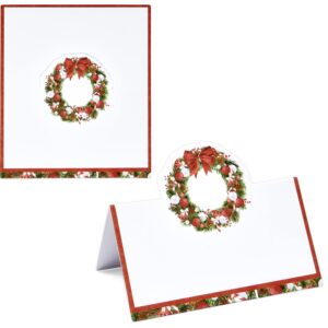 Gift Boutique 100 Pack Christmas Place Cards Holiday Seating Name Card Die Cut Xmas Wreath Table Setting Folded Paper Tent Cards for Dinner Wedding Tables Placement Party Decorations 2" x 3.5"