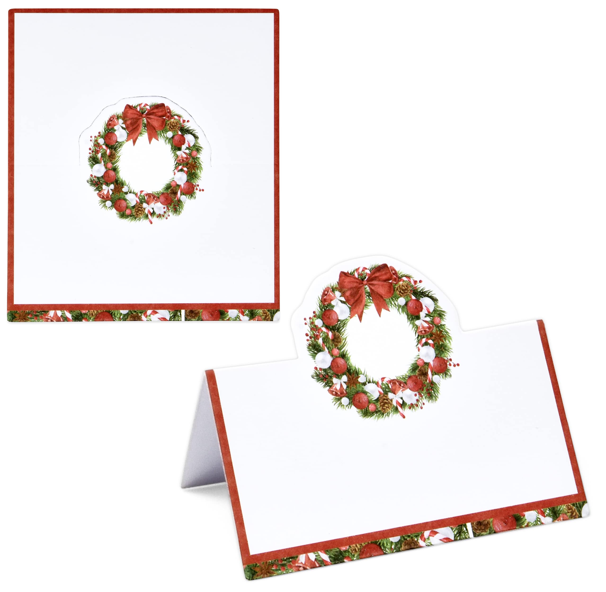 Gift Boutique 100 Pack Christmas Place Cards Holiday Seating Name Card Die Cut Xmas Wreath Table Setting Folded Paper Tent Cards for Dinner Wedding Tables Placement Party Decorations 2" x 3.5"