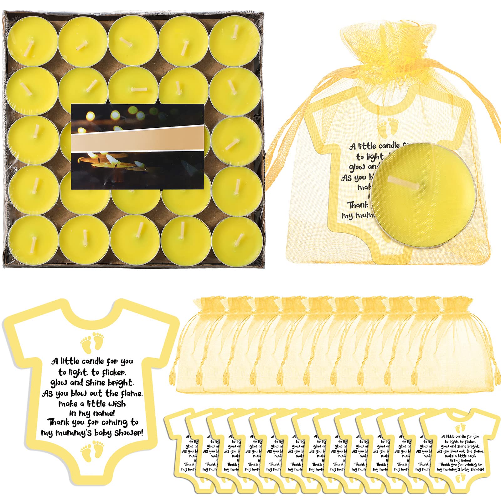 Roowest Candles Favors for Guests, 50 Sets Yellow Unscented Tea Light Candle Decorations with Thank You Cards Organza Bags for Girl Boy Baby Shower Gender Reveal Party Favors