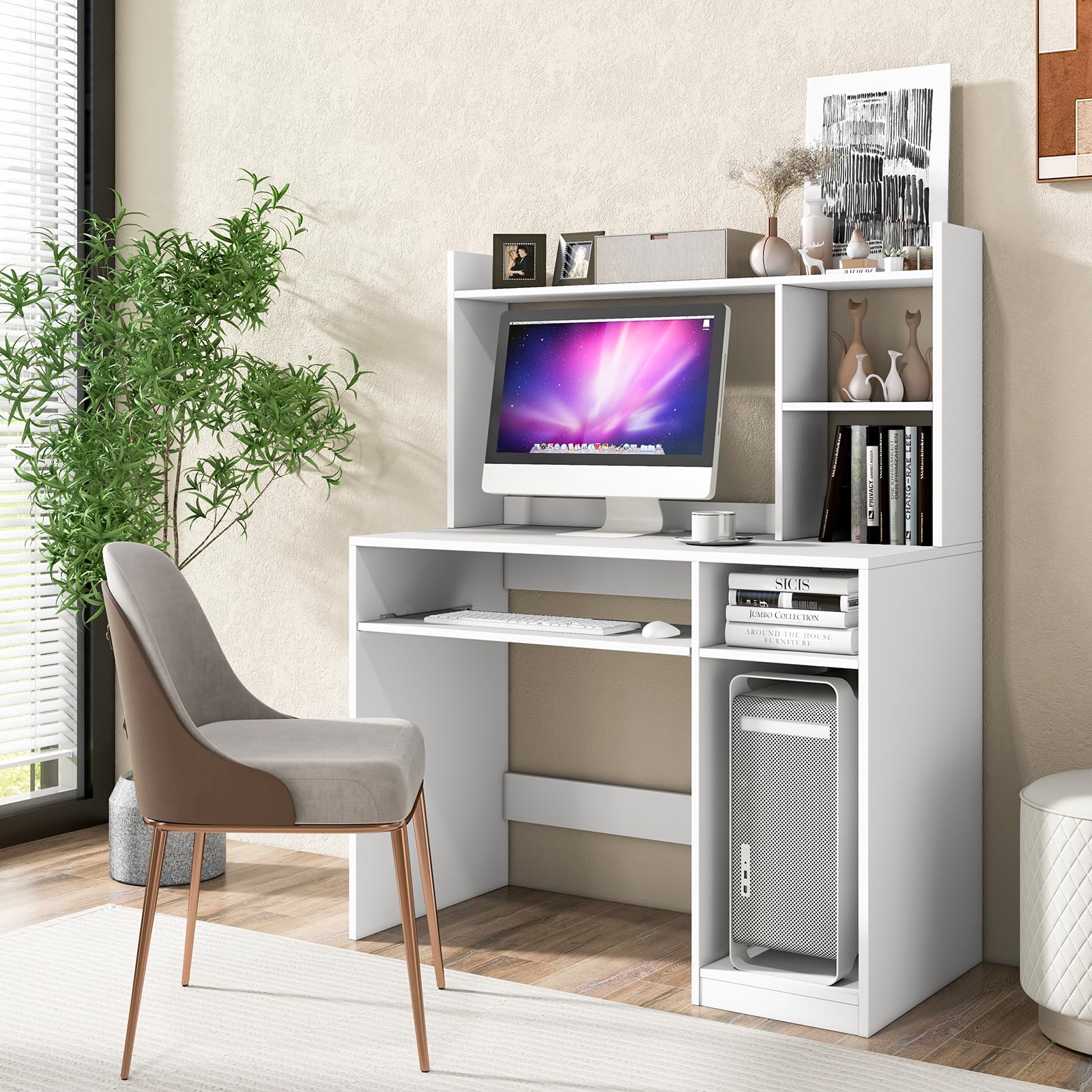 Tangkula White Desk with Hutch &Charging Station, Home Office Desk with Keyboard Tray & CPU Stand, Modern Laptop PC Desk, Space-Saving Writing Study Desk with Bookshelf, Ideal for Dorm Bedroom