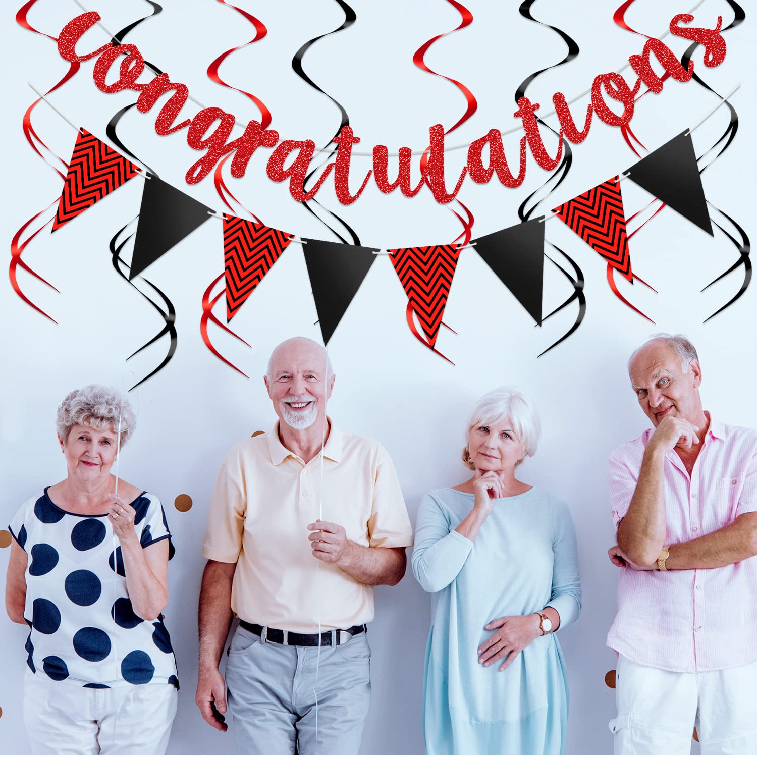 Glitter Congratulations Banner Triangle Flag Banner with 12 Pieces Hanging Swirls for Wedding Retirement Graduation Anniversary Party Decorations (Black, Red)