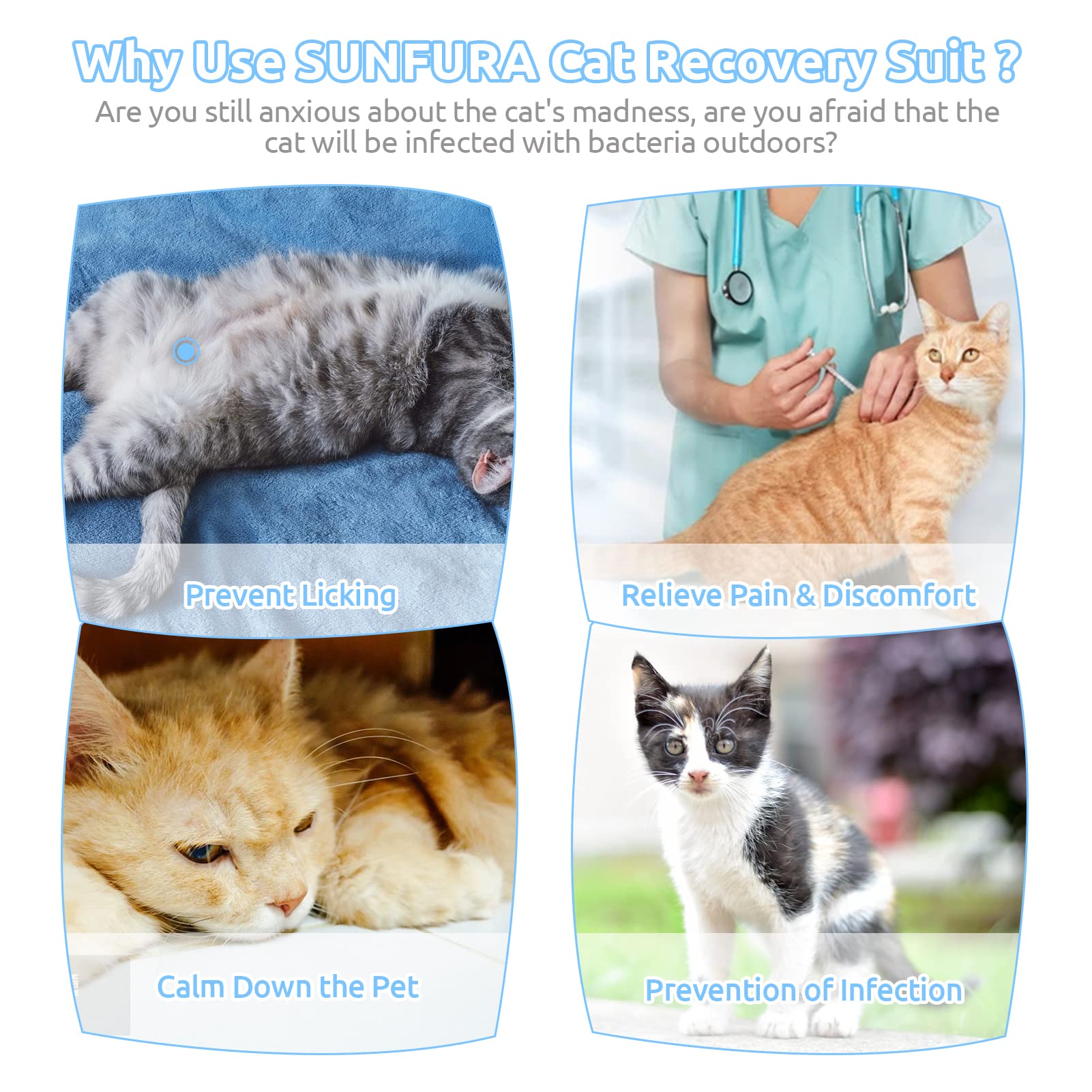 SUNFURA Cat Recovery Suit, Kitten Surgical Full Bodysuit for Abdominal Wound Protector Anti Licking After Surgery, Professional Bandages Cone E-Collar Alternative for Small Male & Female Pets