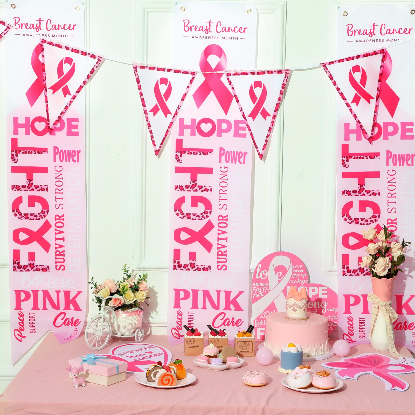 3 Pieces Breast Cancer Awareness Banner Porch Sign Set, Includes Pink Ribbon Pennant Banner, 2 Pieces Breast Cancer Ribbon Banner for Breast Cancer Awareness Party Decoration Supplies