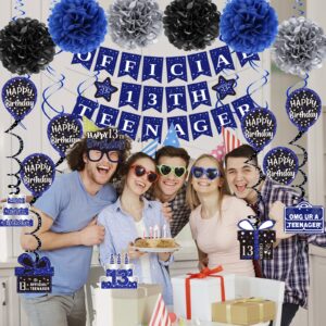 13th Birthday Decorations for Boys Girls, Blue Official 13th Teenager Banner Party Decorations, Happy Thirteen Birthday Decor Double-Sided Card Pompoms Hanging Swirl for 13 Years Teenagers Gifts 48pcs