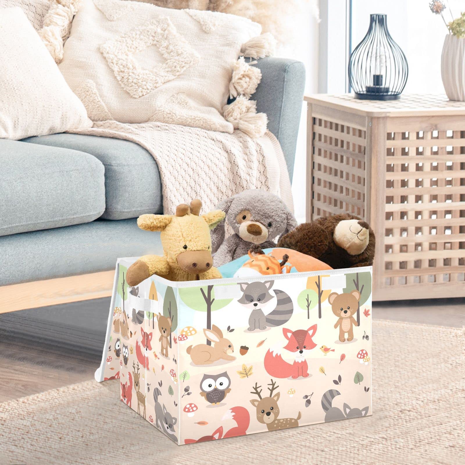 Large Collapsible Fabric Storage Bins with Lids 16.5*12.6*11.8in Cute Woodland Forest Animals Deer Rabbit Bear Fox Raccoon Bird Owl Foldable Storage Boxes Organizer Containers Baskets Cube for Shelves