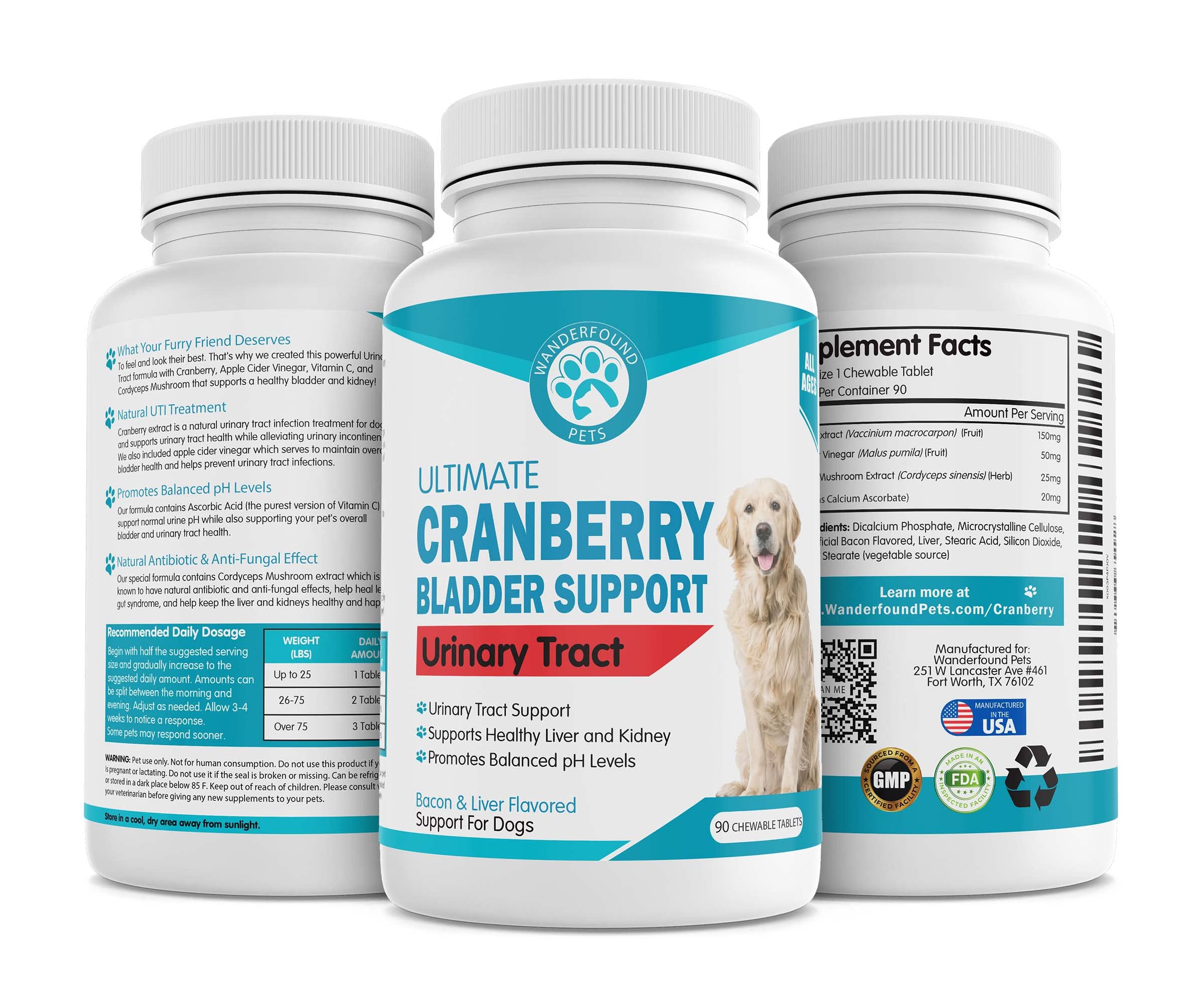 Wanderfound Pets Ultimate Cranberry Bladder UTI Support Supplement for Dogs - Dog Urinary Tract Infection Incontinence Formula with Cordyceps Mushroom - Bacon & Liver Flavor - 90 Chewable Tablets