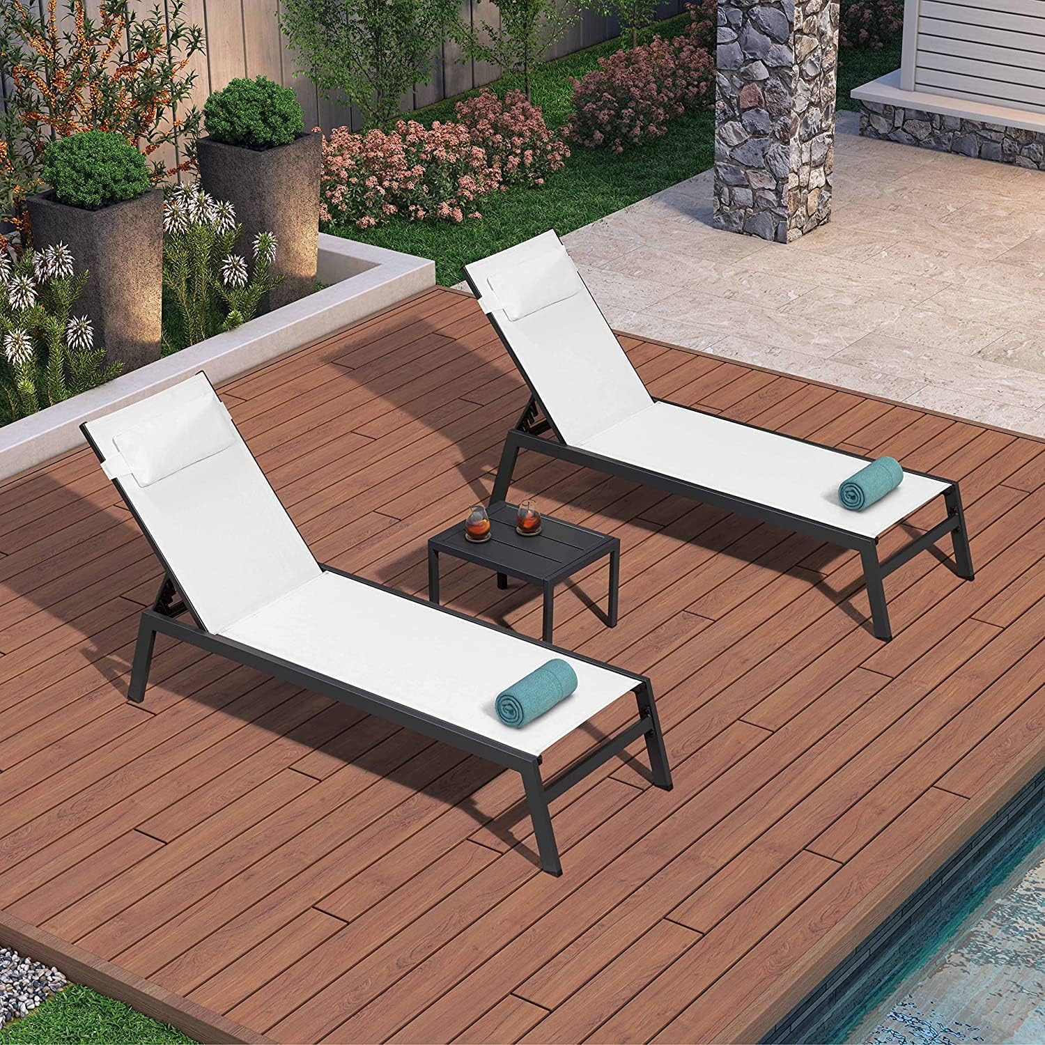 PURPLE LEAF Outdoor Lounge Chairs Set Patio Chaise Lounges Outside with 2 Side Tables for Beach Pool Sun Lounger Reclining Chair White