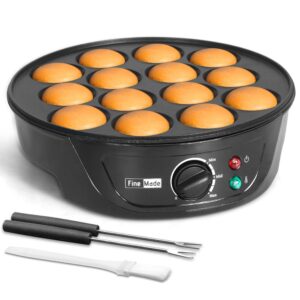 finemade non stick mini pancakes maker machine, electric poffertjes pan with browning control, mini ebelskiver aebleskiver pan, dutch mini pancake maker, with brush & forks, 14 slots, black