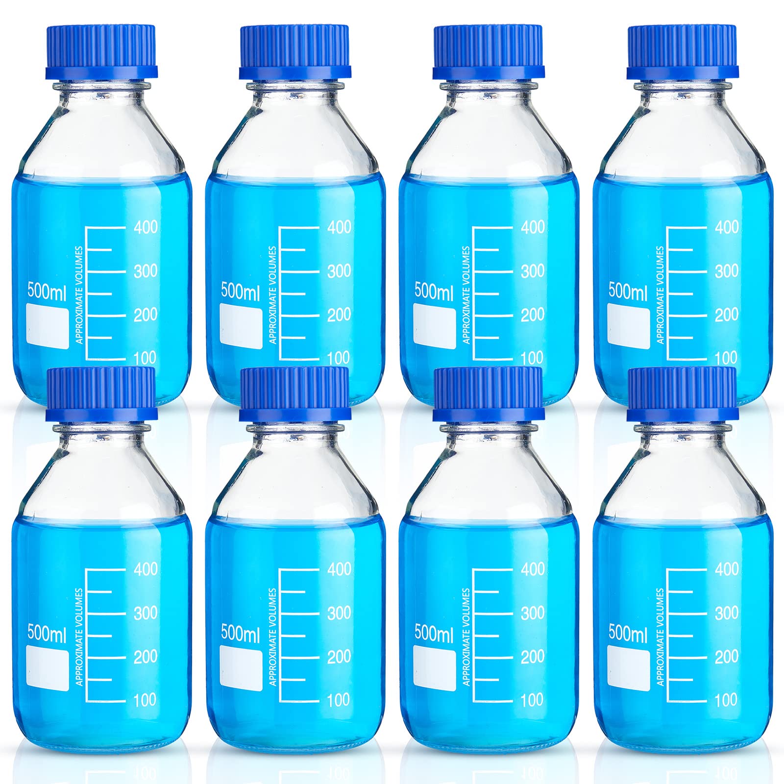 Irenare 8 Pieces Media Storage Bottles Borosilicate Storage Glass Bottle Scientific Round Graduated Media Bottle with Blue GL45 Screw Cap for Lab Water Reagent Liquids (500 ml)