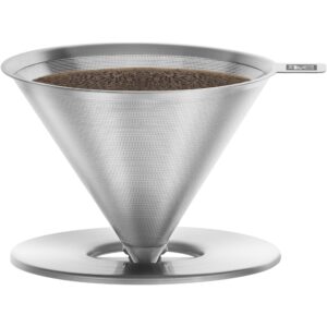 zwilling pour over coffee maker, 16 oz, 1-4 cups, 18/10 stainless steel sustainable and reusable filter, easy-to-grip handle with anti-slip bottom plate, dishwasher safe