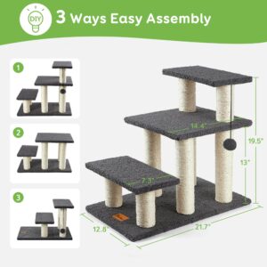 Pawque Dog Stairs & Cat Scratching Post Pet Steps for High Beds Couch, High-Strength Boards Holds up to 150 lbs for Indoor Small Cats Kittens Dogs Climbing Playing, 3 Combination Options, 3 Steps-Grey