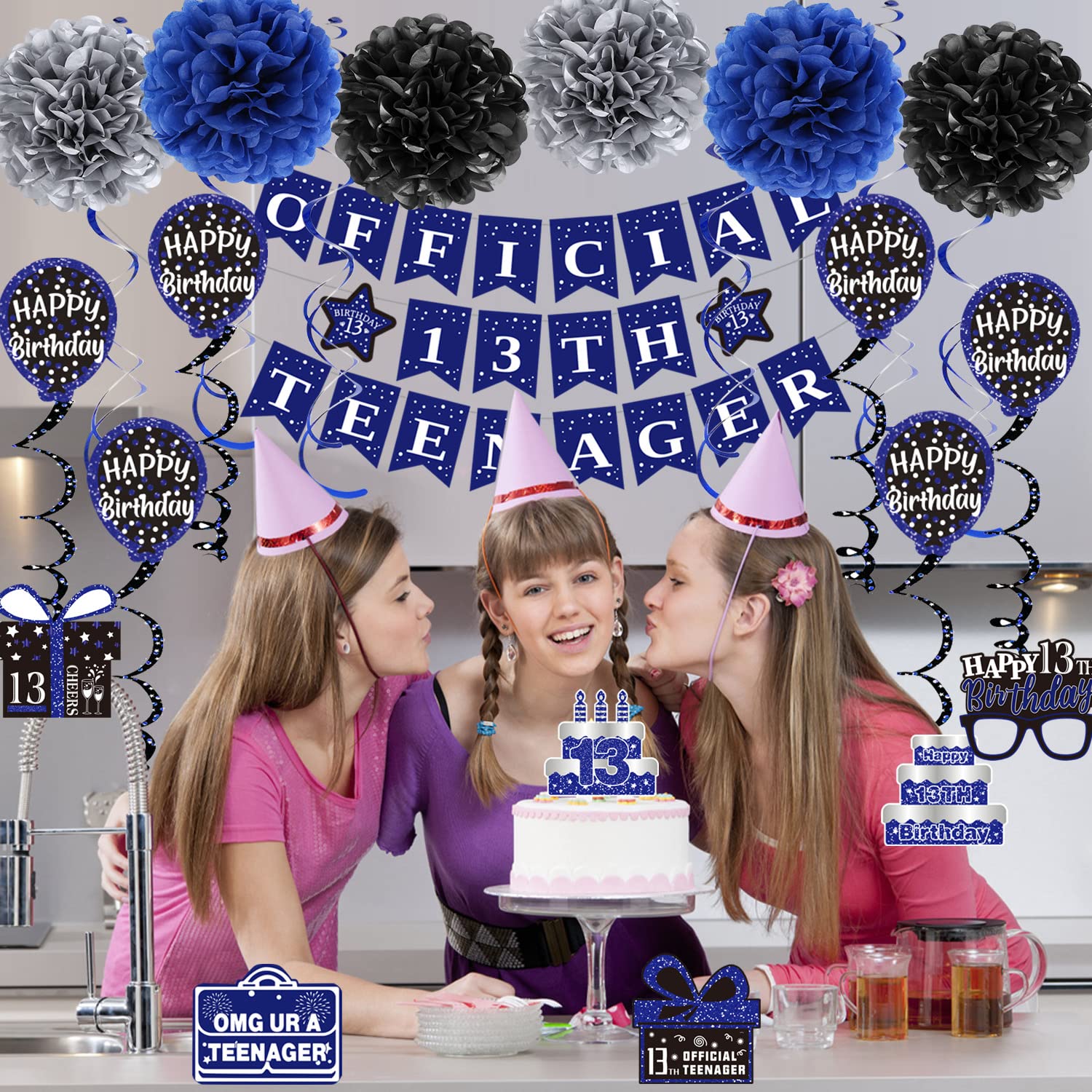 13th Birthday Decorations for Boys Girls, Blue Official 13th Teenager Banner Party Decorations, Happy Thirteen Birthday Decor Double-Sided Card Pompoms Hanging Swirl for 13 Years Teenagers Gifts 48pcs